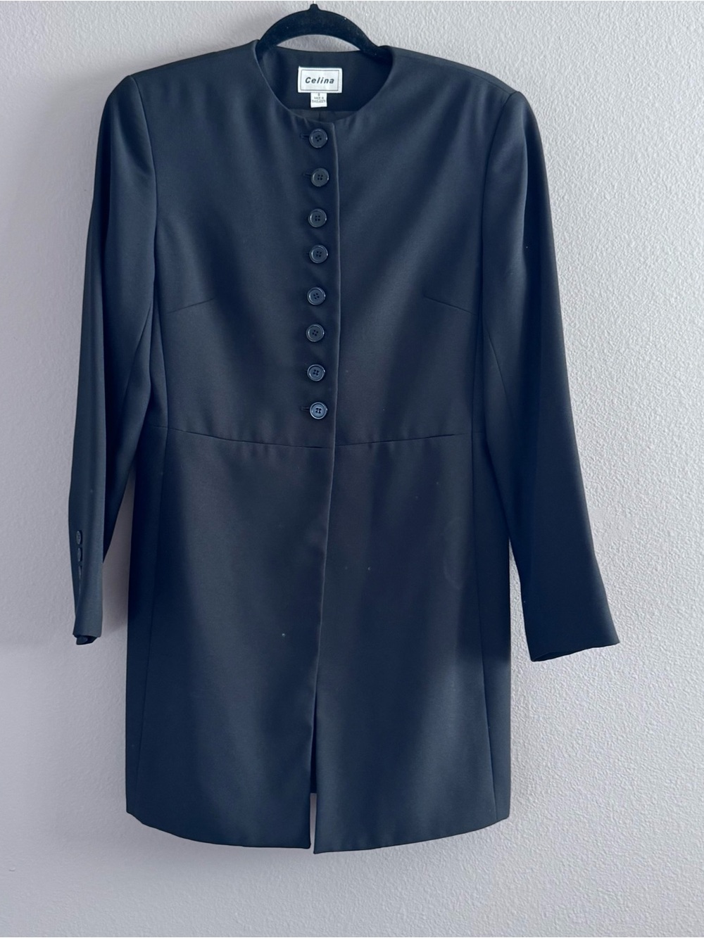 Celina Black Collarless Placket Tailored Longline Blazer Jacket Sz 8